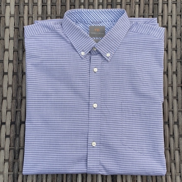 Nwot THOMAS DEAN Blue Chambray and White Striped Short Sleeve Button Down - Picture 8 of 13
